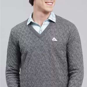 Monte Carlo Men Grey Self Design Wool blend Pullover